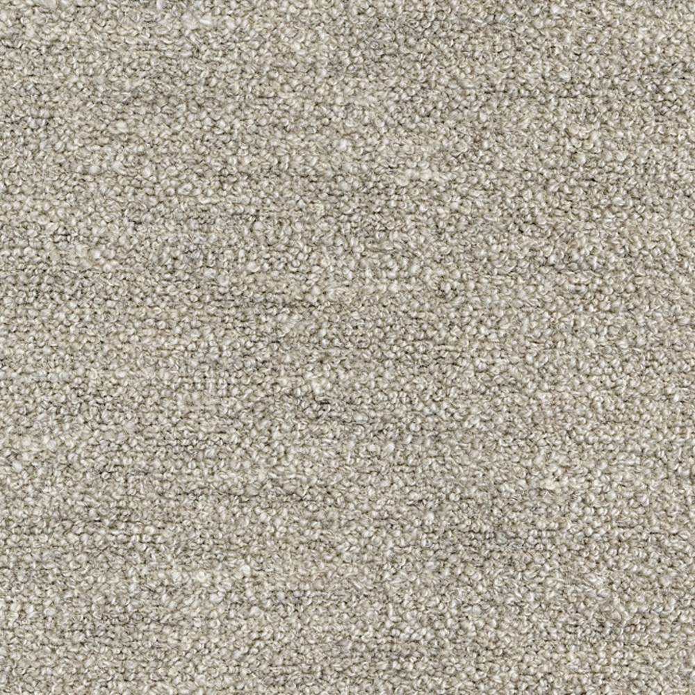 Close-up of a neutral cream-gray boucle upholstery fabric swatch showing looped woven texture; 30% wool, 40% acrylic and 30% polyester blend suitable for contemporary sofa upholstery.