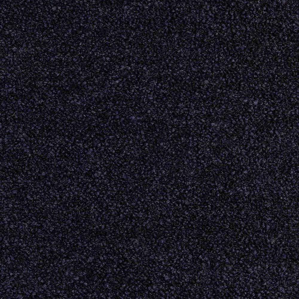 Close-up of dark charcoal gray bouclé upholstery fabric with dense looped texture, made of 30% wool, 40% acrylic and 30% polyester, shown as a square swatch for contemporary sofas.