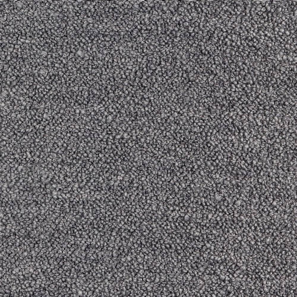 Close-up of gray boucle upholstery fabric showing dense looped texture in a 30% wool, 40% acrylic, 30% polyester blend, styled for contemporary modern sofas.