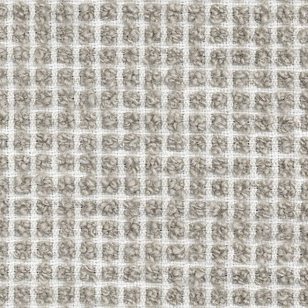Close-up of beige cream bouclé upholstery fabric with a subtle woven grid pattern, showing looped 25% wool, 40% acrylic and 35% polyester yarns suited for sofa upholstery.