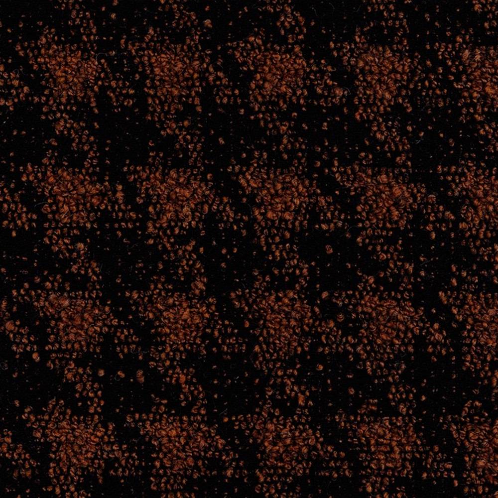 Close-up of black boucle upholstery fabric showing clustered rust-copper looped yarns on a black ground; 25% wool, 44% acrylic, 21% cotton and 10% polyester blend for sofa upholstery.
