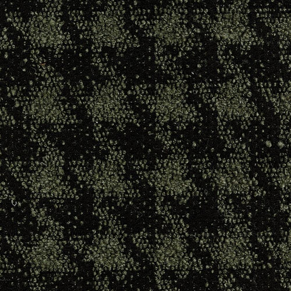 Close-up of black boucle upholstery fabric with olive-green looped texture and subtle speckled pattern, a 25% wool/44% acrylic/21% cotton/10% polyester blend suitable for sofa upholstery.