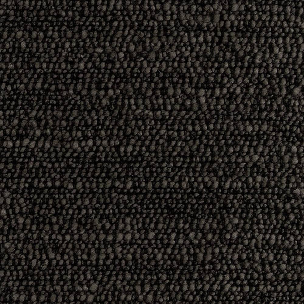 Close-up of dark charcoal boucle upholstery fabric with dense looped pebble texture, woven from 20% wool, 25% acrylic, 12% linen, 20% rayon and 23% polyester.