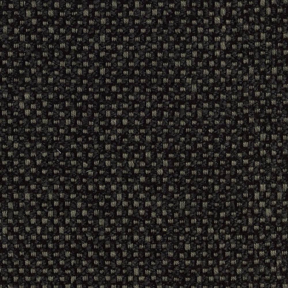 Close-up of neutral woven sofa upholstery fabric in dark charcoal with subtle gray flecks, showing a tight textured basket weave; blend of wool, acrylic, linen, rayon and polyester.