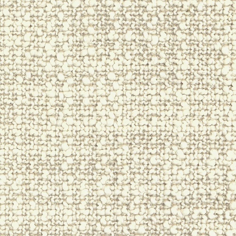 Close-up swatch of cream boucle upholstery fabric showing nubby looped texture with subtle neutral flecks; 73% rayon, 27% triacetate, heavy-duty for sofas.