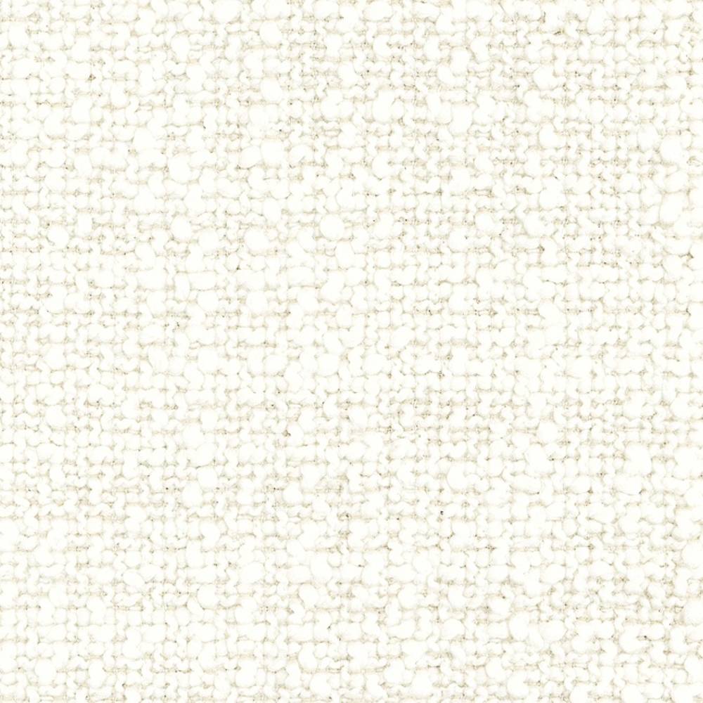 Close-up of cream bouclé upholstery fabric showing nubby looped weave and subtle neutral flecks; 73% rayon, 27% triacetate, heavy-duty indoor fabric for sofas.