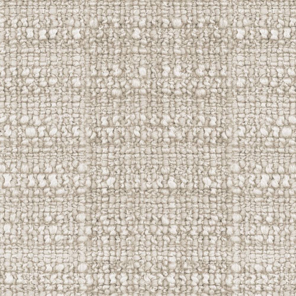 Close-up of a cream nubby boucle upholstery fabric sample showing a looped, textured weave; 32% wool, 48% acrylic, 20% triacetate blend designed for sofa upholstery.