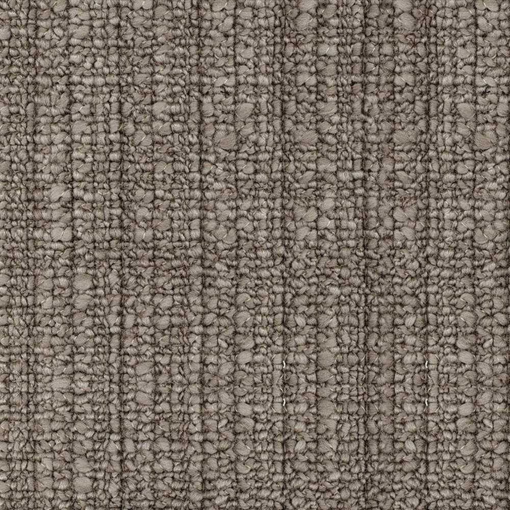 Close-up of neutral taupe boucle upholstery fabric showing looped yarn texture with subtle vertical ribbing; 32% wool, 48% acrylic and 20% triacetate blend suitable for sofas.