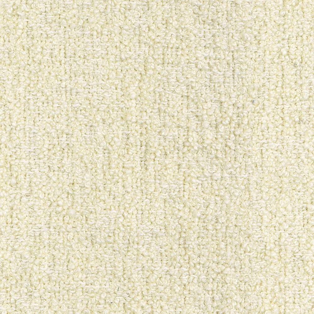 Close-up of cream boucle upholstery fabric showing a soft looped texture; contemporary sofa fabric in a 25% wool, 50% acrylic, 25% triacetate blend.