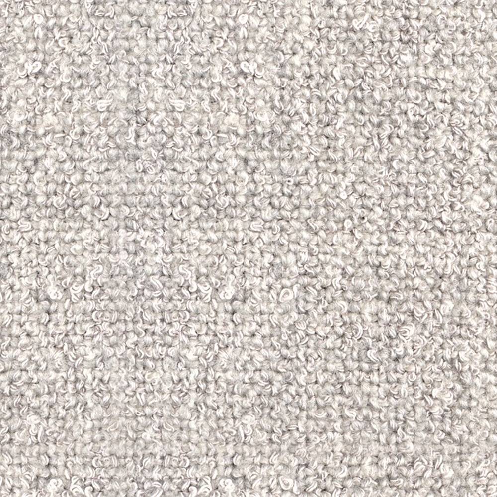 Close-up of cream boucle upholstery fabric showing dense looped wool-blend yarn texture for sofas, soft neutral tone with subtle heathering from rayon, acrylic and triacetate fibers.