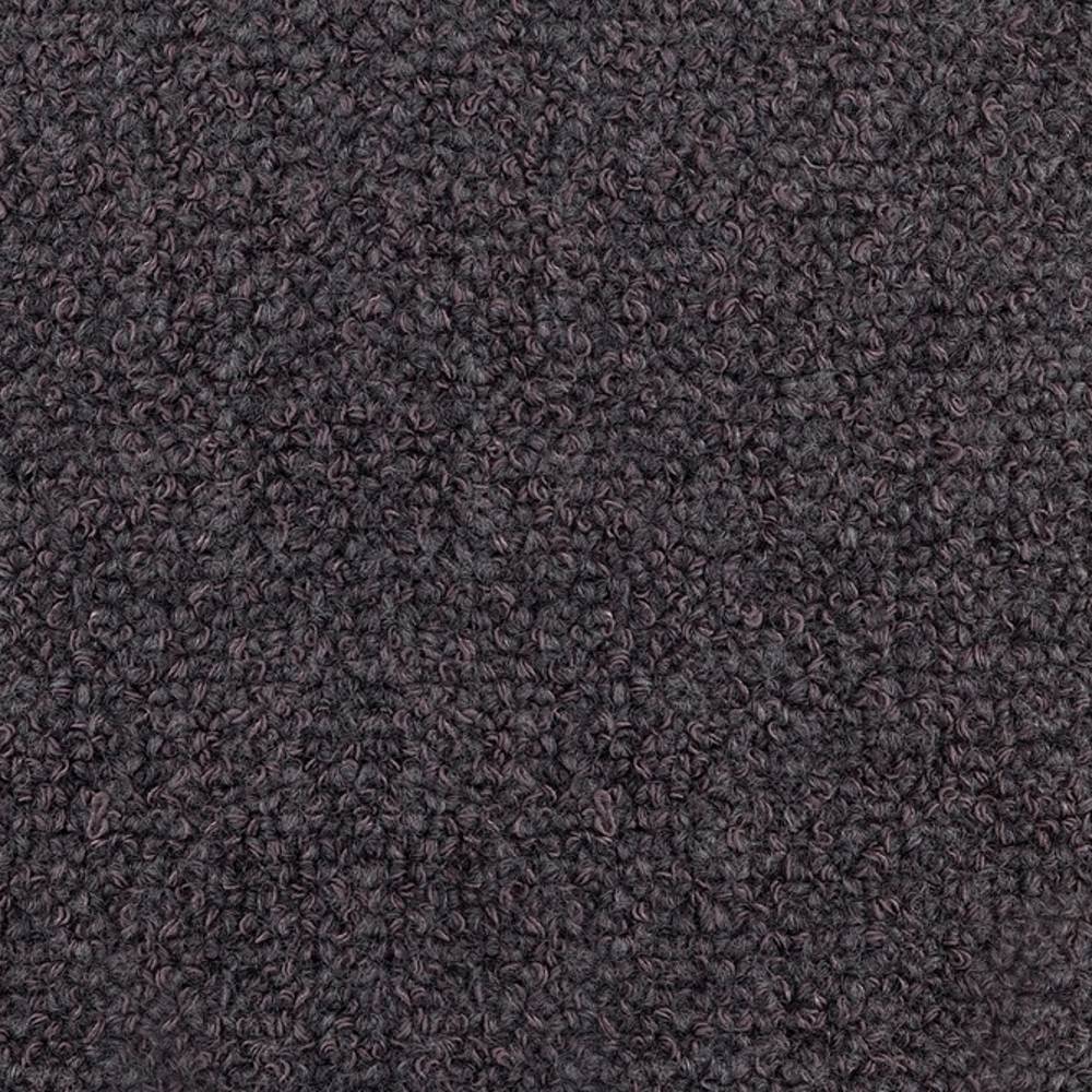 Close-up of dark charcoal boucle upholstery fabric showing dense, nubby looped texture; 15% wool, 54% rayon, 18% acrylic and 13% triacetate blend ideal for sofa upholstery.