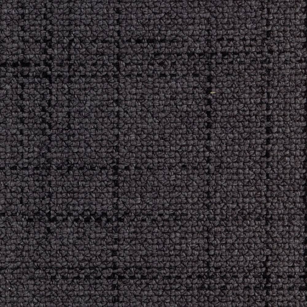Close-up of charcoal gray windowpane upholstery fabric showing woven looped texture and subtle grid pattern, ideal for contemporary sofas and offices; 30% wool, 54% acrylic, 14% triacetate.