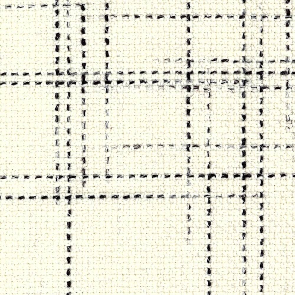 Close-up of cream wool-blend upholstery fabric showing a black windowpane grid and textured woven surface; composition 30% wool, 54% acrylic, 14% triacetate, suited for contemporary sofas and office seating.