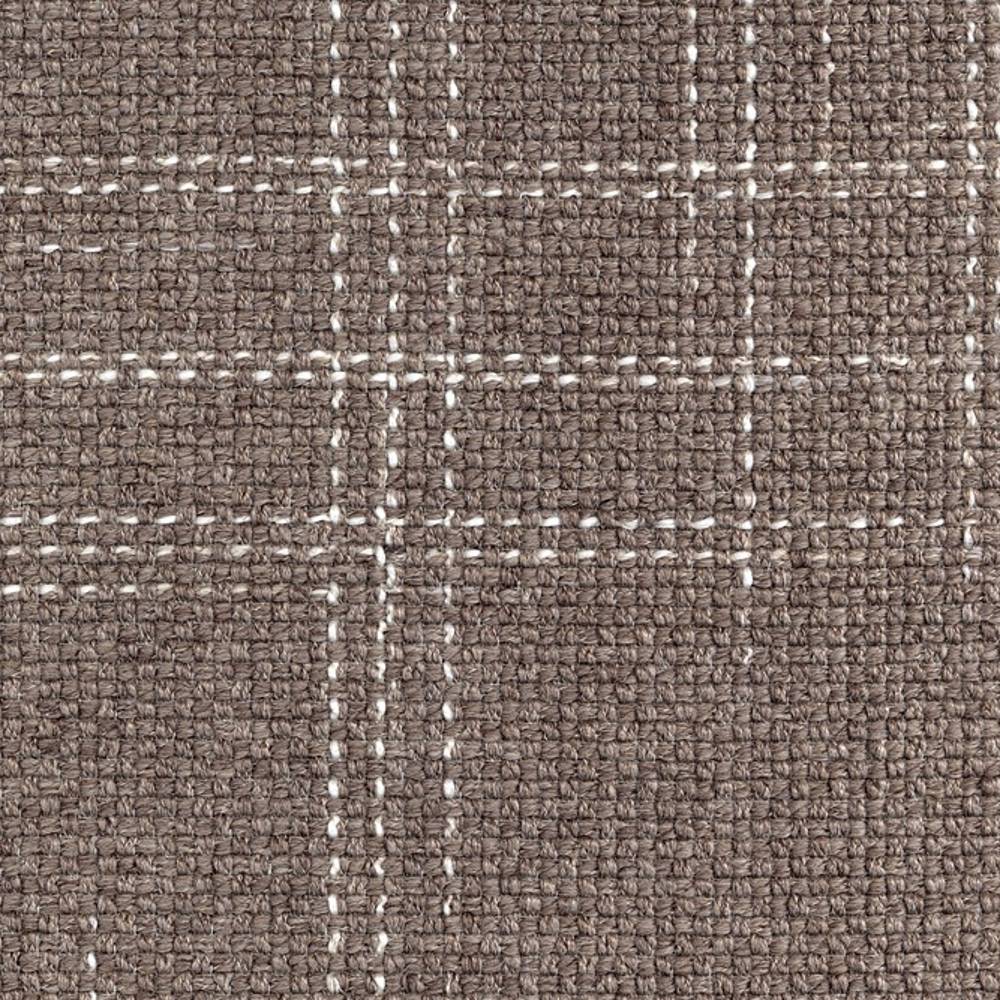 Close-up of taupe woven upholstery fabric showing a white stitched windowpane grid and textured loop weave; 30% wool, 54% acrylic, 14% triacetate, suitable for contemporary sofas and office upholstery.