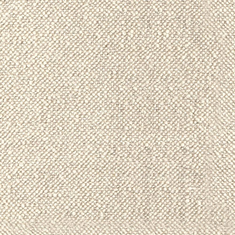 Close-up of cream-beige boucle upholstery fabric with a tight, nubby looped texture and neutral tone; wool and acrylic blend with linen, rayon and triacetate for durable sofa use.