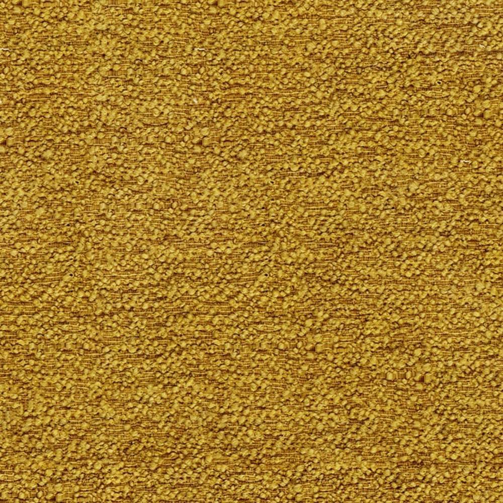 Close-up of mustard-gold plush boucle upholstery fabric in a wool-acrylic-triacetate blend, showing dense looped texture ideal for sofas and modern neutral interiors.