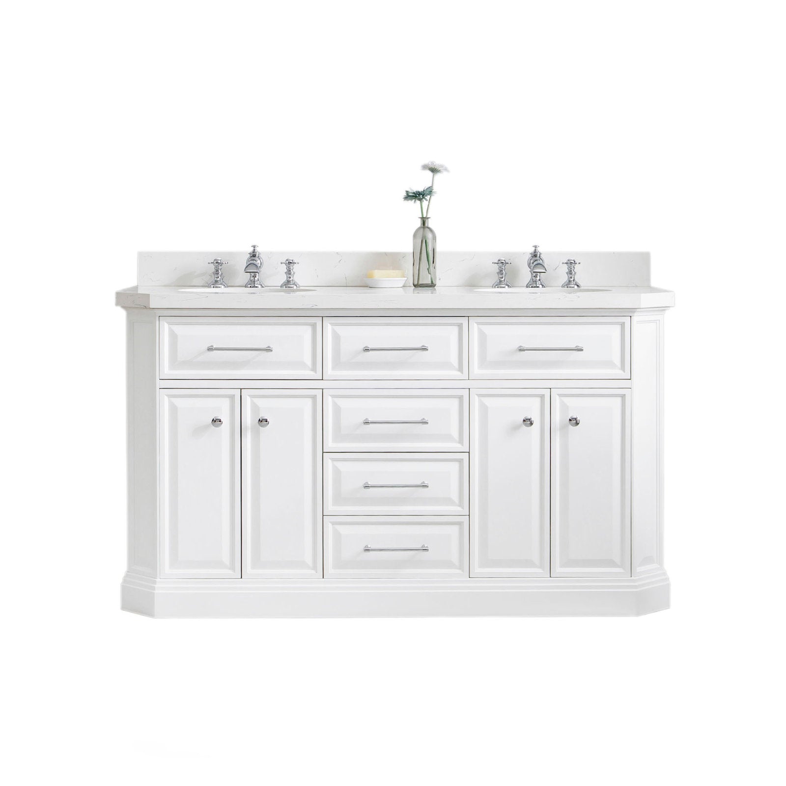 60-inch modern white solid wood bathroom vanity with stone countertop, two chrome faucets over white ceramic sinks, multiple drawers and cabinet storage, plus a small vase and soap dish on the counter.