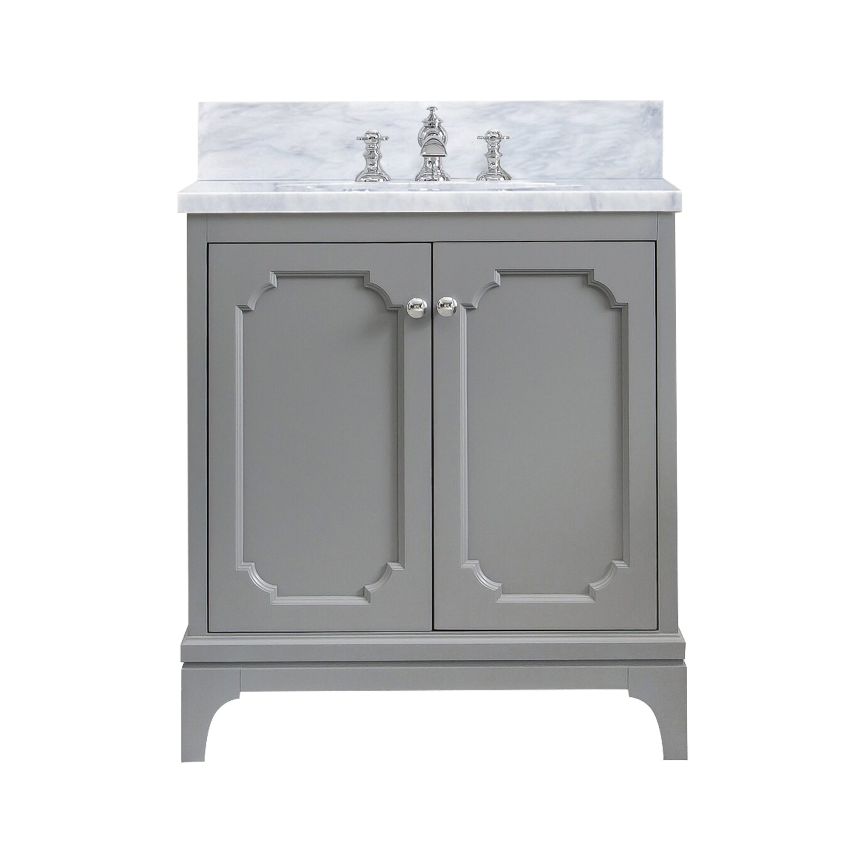 Gray solid-wood single-sink bathroom vanity with white marble countertop and backsplash, decorative recessed-panel doors, chrome round knobs and a three-piece chrome faucet.