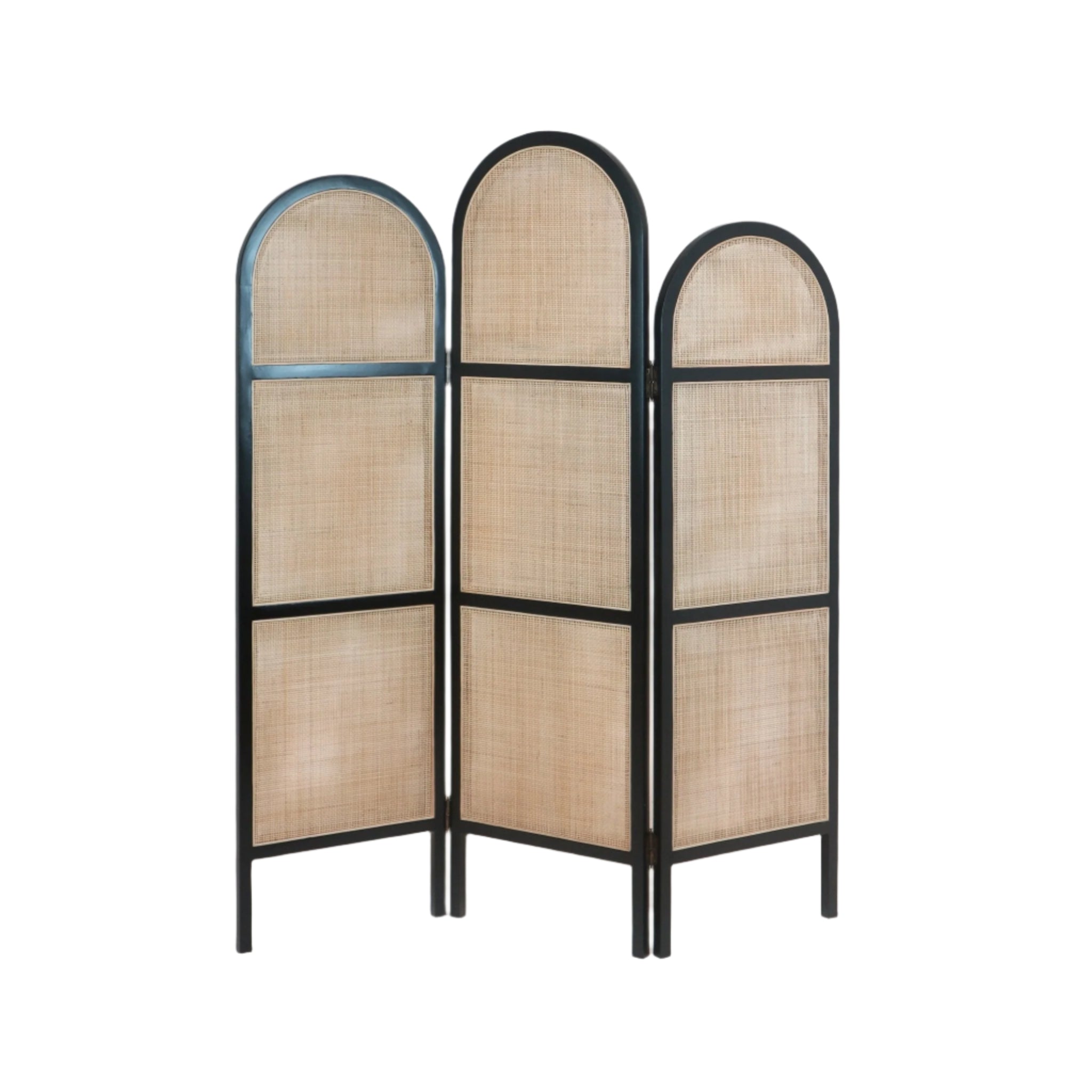 Three-panel boho room divider with a black solid wood frame and natural woven rattan panels, arched tops and hinged folds for freestanding privacy in a bedroom or living room.