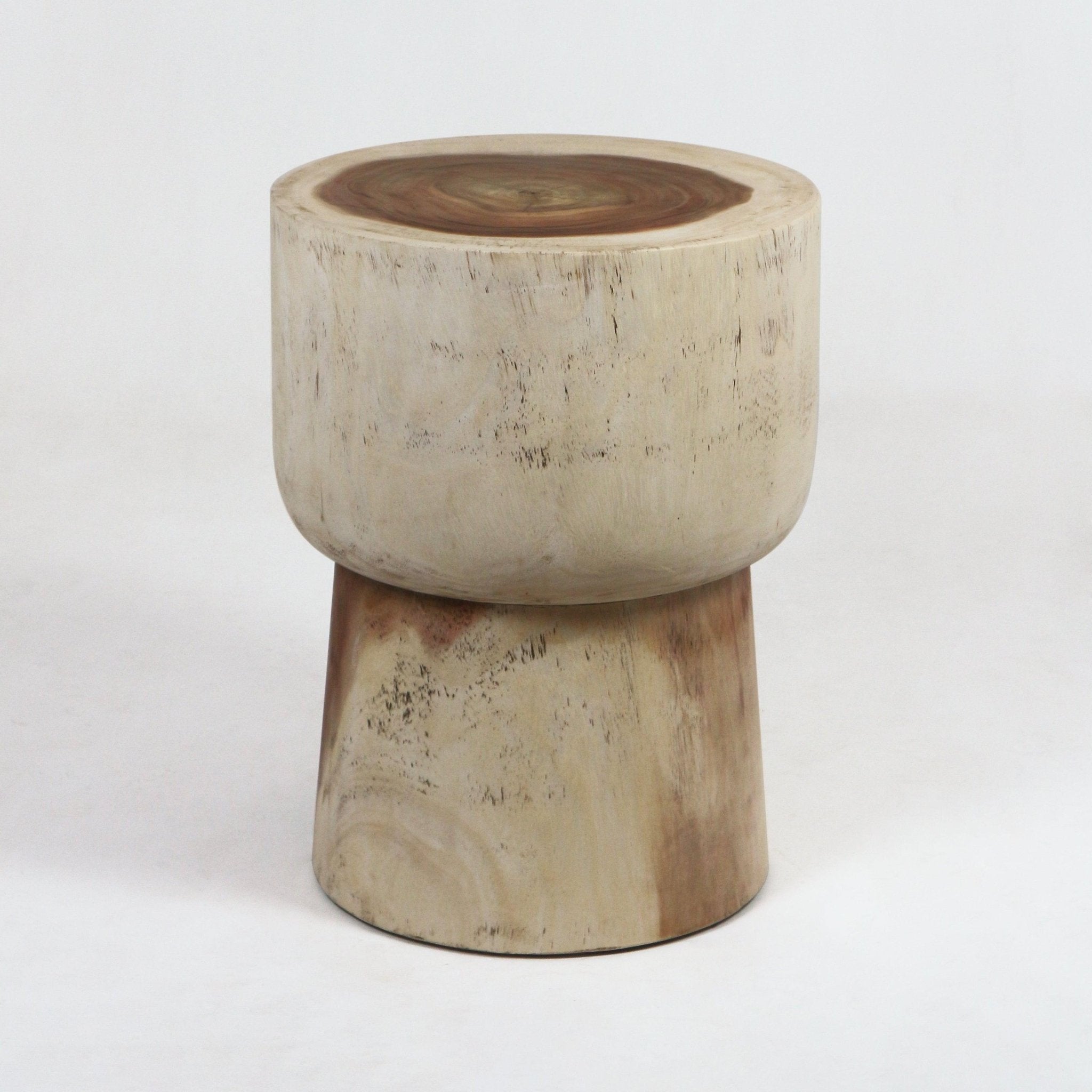 Natural solid wood stump side table with a rounded top and tapered cylindrical base in a light brown finish, showing visible grain and knot details against a white background.