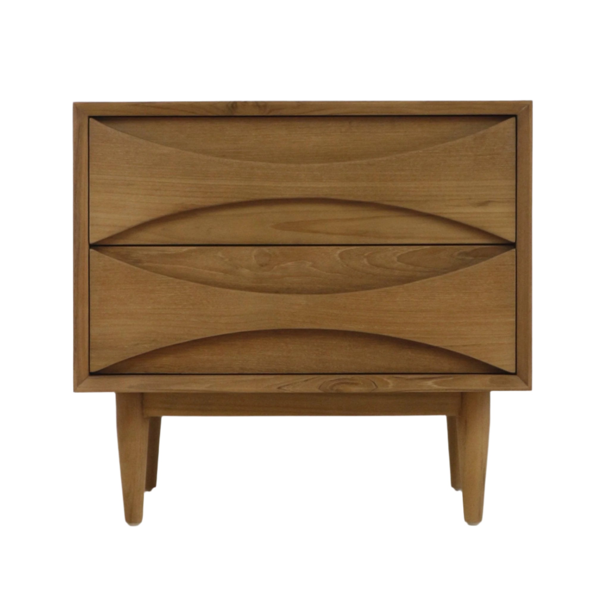 Front view of a solid teak two-drawer nightstand in mid-century Scandinavian style, featuring carved recessed handles, tapered legs and a warm natural wood grain finish on a white background.