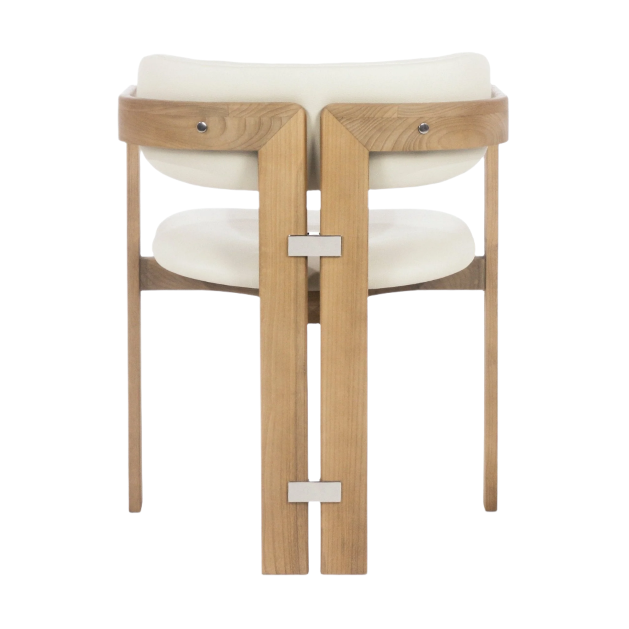 Rear view of a mid-century modern dining chair in natural teak with beige leather seat and back cushions, showing split wooden back slats joined by stainless-steel rectangular connectors.