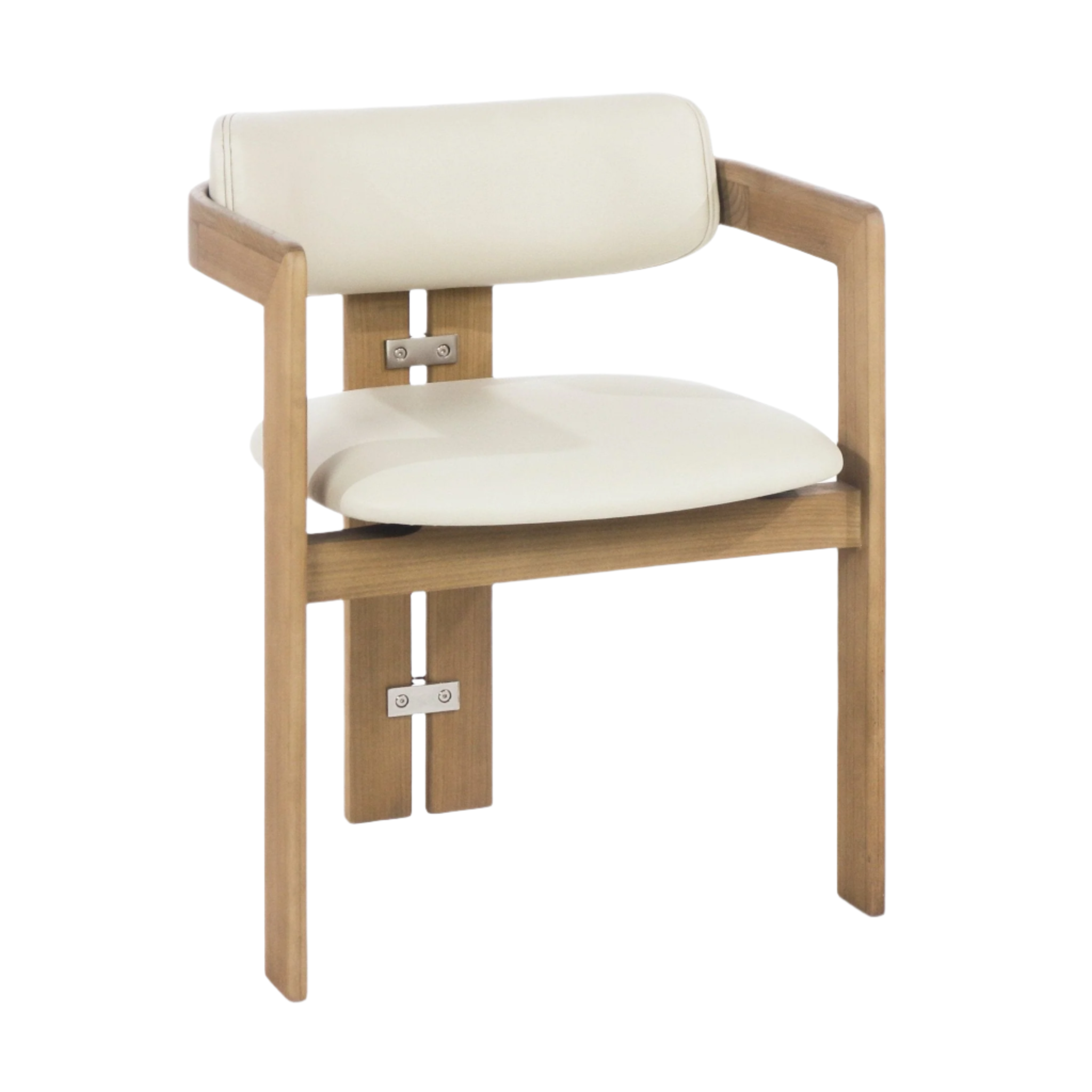 Mid-century modern dining chair with a natural teak wood frame, beige leather upholstered seat and rounded padded backrest, open arm design and visible metal bracket accents.