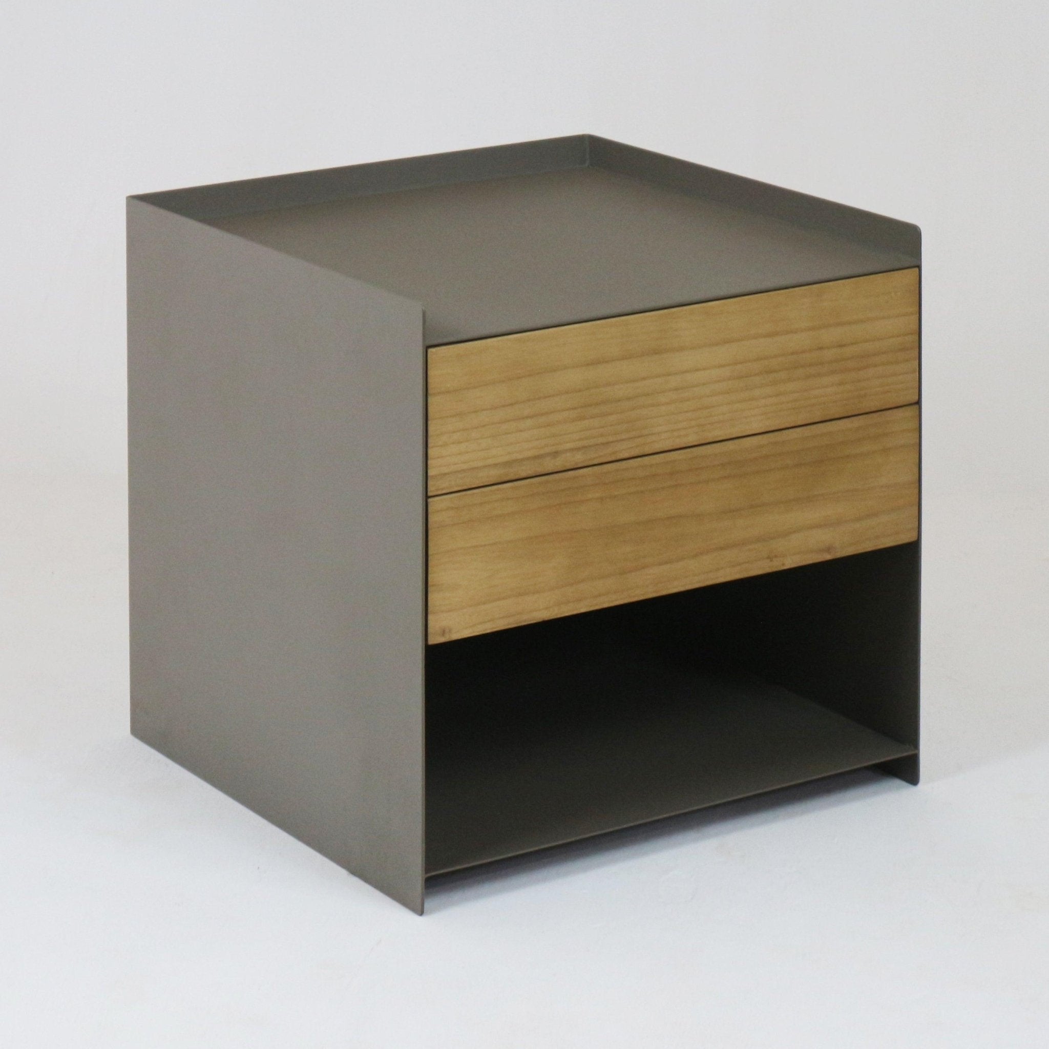 Modern bedside nightstand with a gray metal frame, two natural solid-wood drawer fronts and an open lower shelf, photographed on a white background.