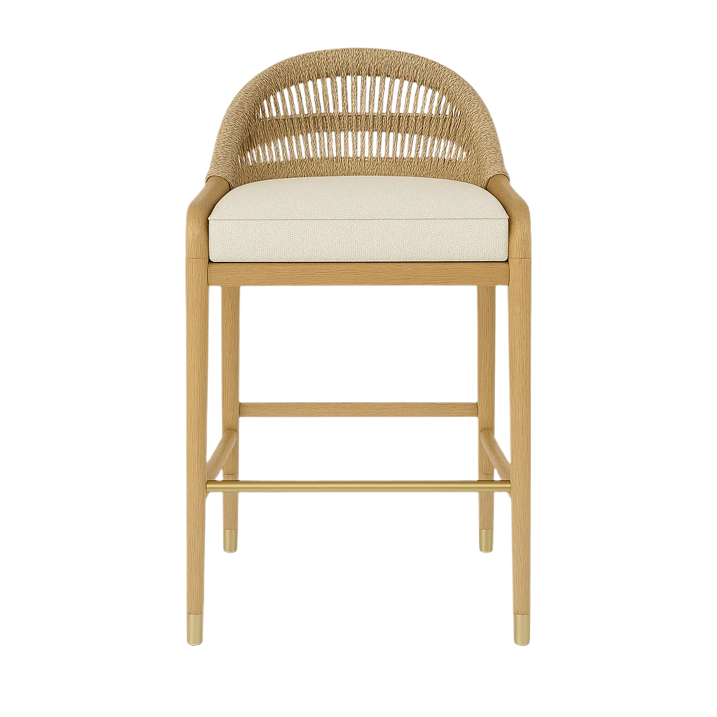 Front view of a natural teak stool with a curved woven rope back, cream boucle upholstered seat, slender teak legs and a brass footrest with brass-capped leg tips in a coastal-contemporary style.