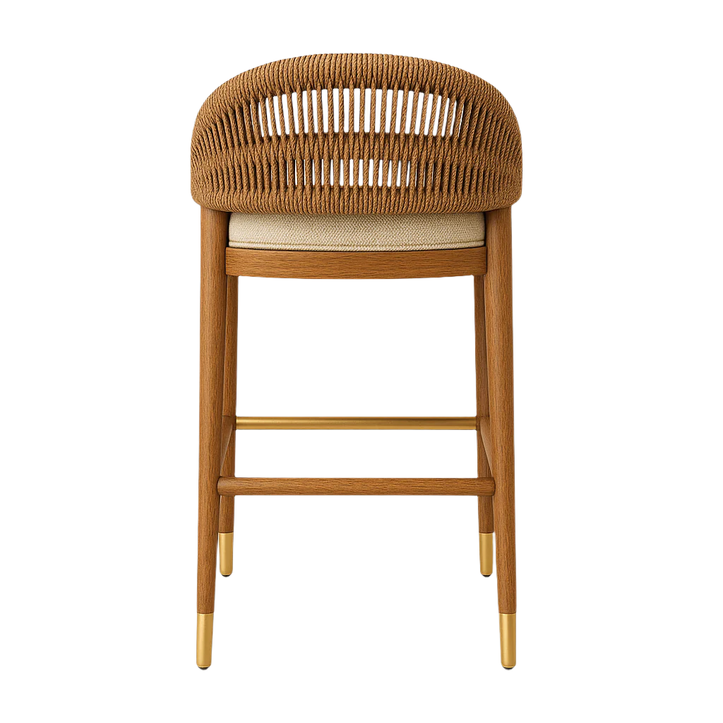 Back view of a teak-framed bar stool with a curved woven natural-brown rope back, neutral beige upholstered seat, brass footrest bar and brass-capped legs.