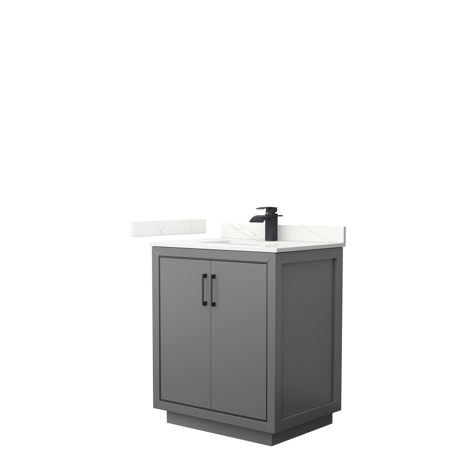 Freestanding 30-inch modern solid wood bathroom vanity in stone finish with two doors, white stone countertop and low backsplash, integrated ceramic sink, matte black single-hole faucet and matching black bar handles.