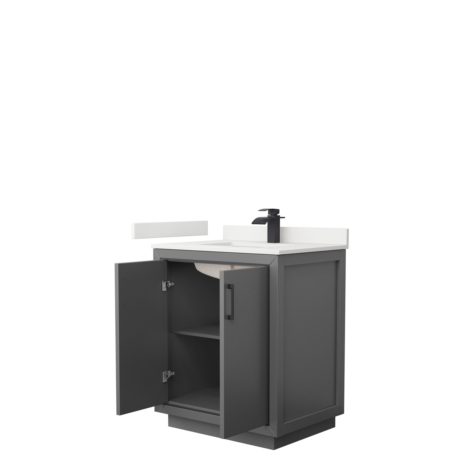 30-inch modern solid wood bathroom vanity in stone finish with a white stone countertop and integrated ceramic sink, matte black faucet, and two open doors revealing an interior shelf and plumbing cutout.