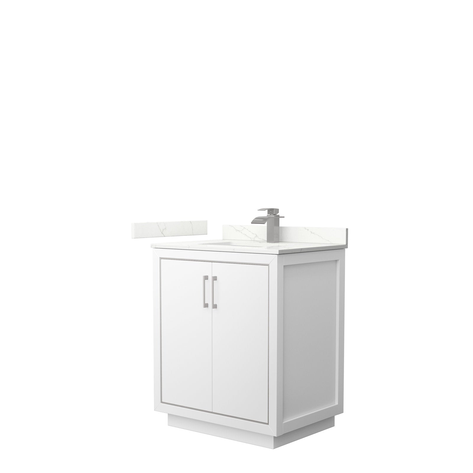 Modern 30-inch freestanding solid wood bathroom vanity in stone finish with veined stone countertop and backsplash, integrated single ceramic sink, rectangular brushed-nickel faucet and matching two-door cabinet handles.