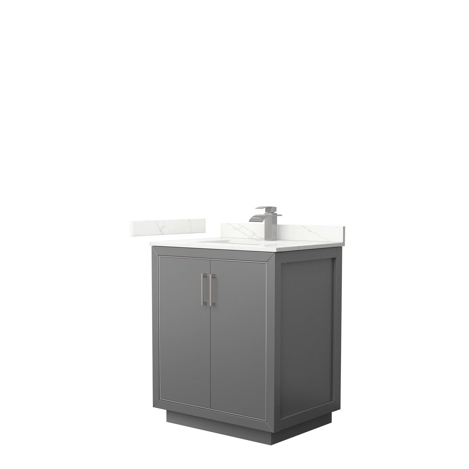 30-inch modern freestanding bathroom vanity in stone finish with a solid wood two-door cabinet, white marble-look stone countertop and backsplash, single integrated sink and brushed-nickel single-handle faucet.