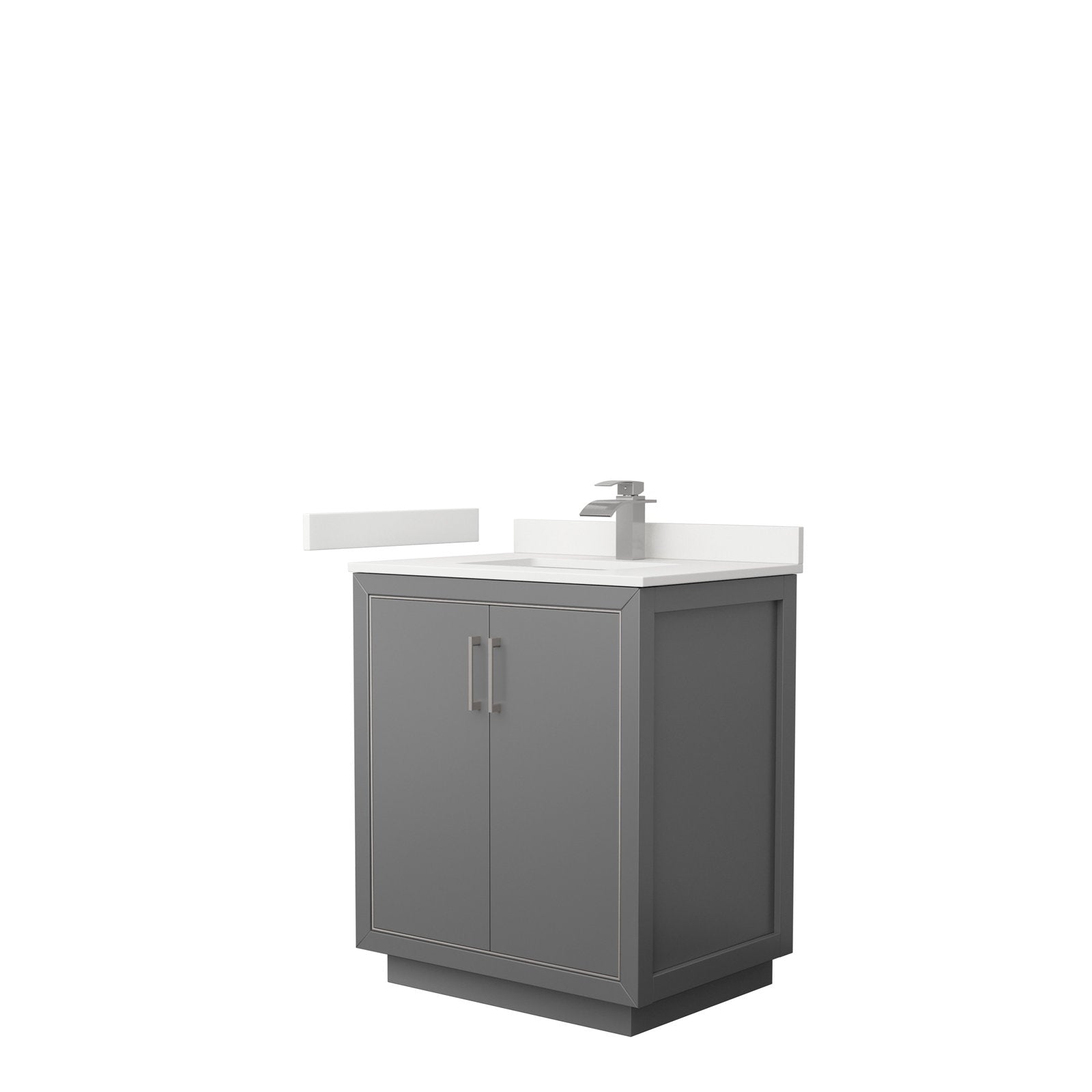 Freestanding 30-inch modern solid wood bathroom vanity in stone gray with a white stone top, integrated rectangular ceramic sink, brushed nickel single-handle faucet and two soft-close storage doors.
