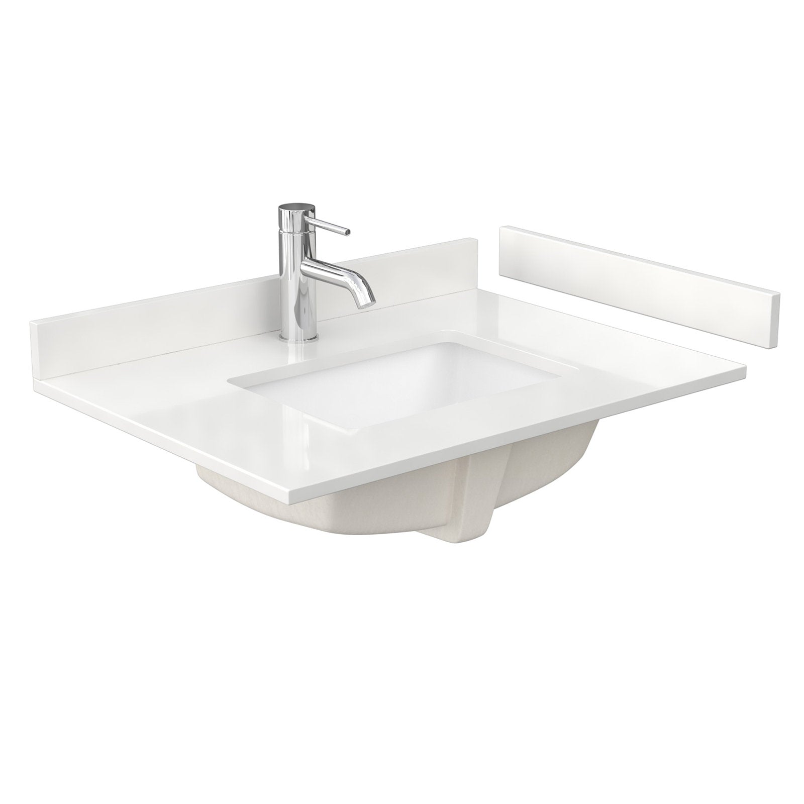 Stone-colored vanity top with integrated rectangular sink, chrome single-hole faucet, and matching removable backsplash in a modern freestanding style, shown from an angled perspective.