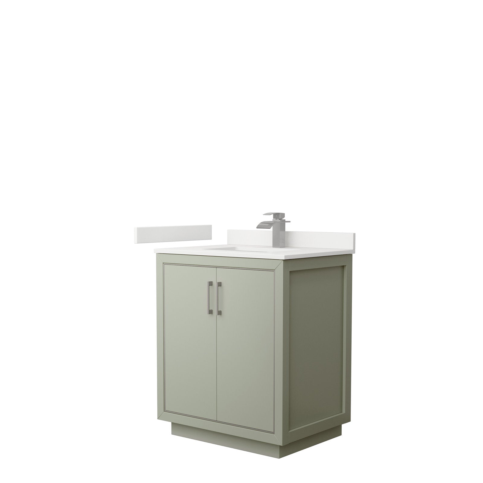 Freestanding 30-inch solid wood single-sink bathroom vanity in stone finish with white stone top and integrated ceramic basin, modern single-handle brushed-nickel faucet and two-door cabinet with matching pulls.