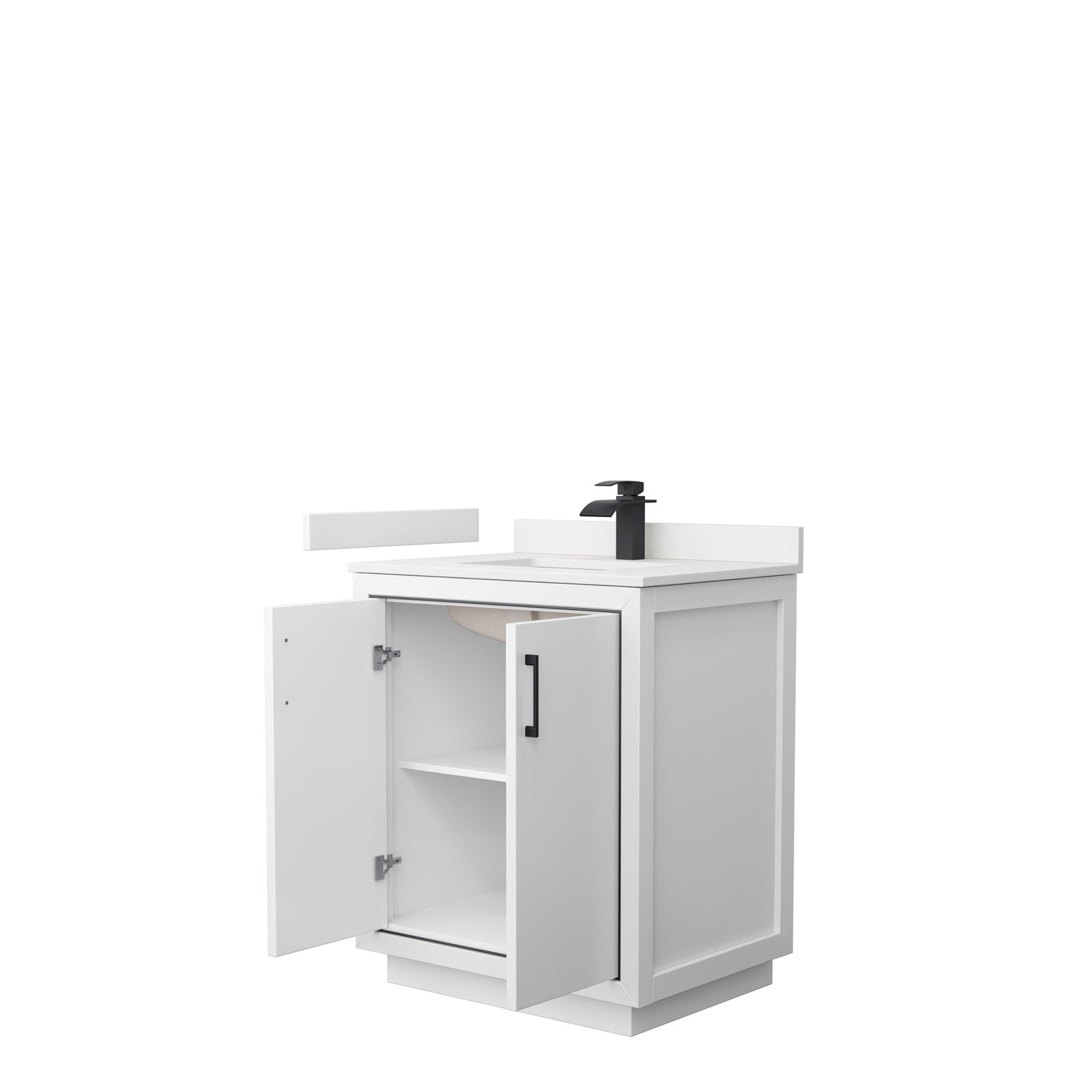 Modern 30-inch solid wood bathroom vanity in stone finish with a stone top and integrated ceramic sink, matte black faucet and handle, double doors open to reveal an interior shelf.