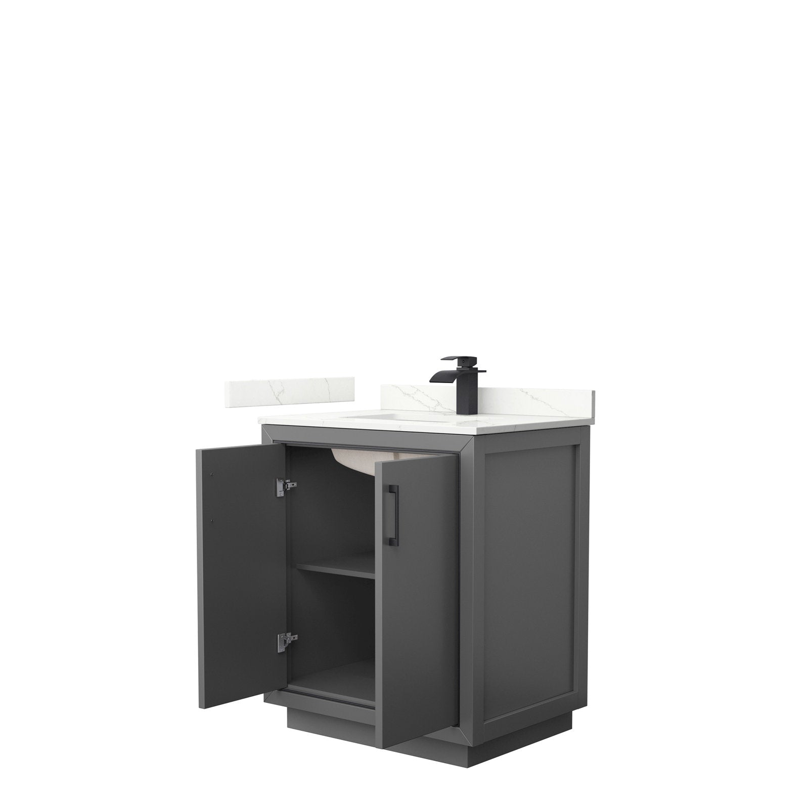 30-inch modern solid wood bathroom vanity in stone finish with white stone top and single matte black faucet; two-panel doors open to reveal an interior shelf and plumbing cutout.