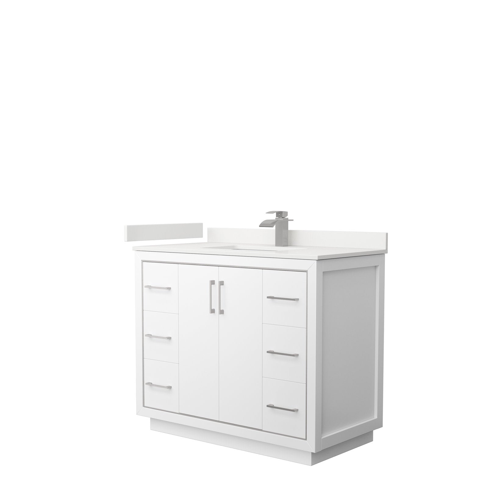 42-inch stone-color solid wood bathroom vanity with white stone countertop and integrated single sink, freestanding modern design with brushed-nickel faucet and hardware, two center doors and three drawers per side.