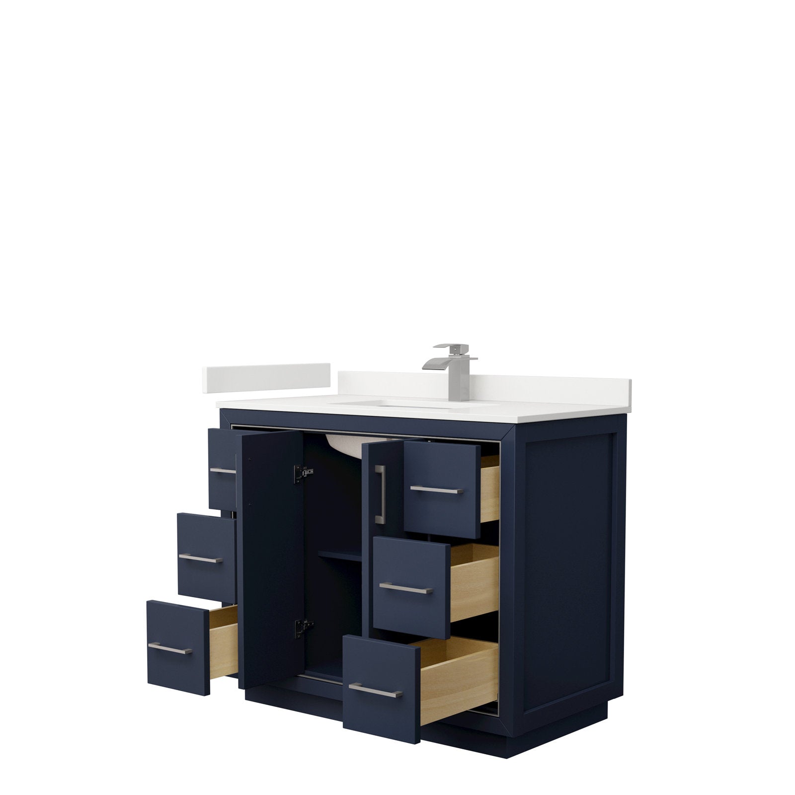 Modern 42-inch solid wood single-sink bathroom vanity in deep navy with a stone-colored quartz top, integrated white ceramic sink, brushed nickel pulls, and multiple drawers and a center cabinet shown open.