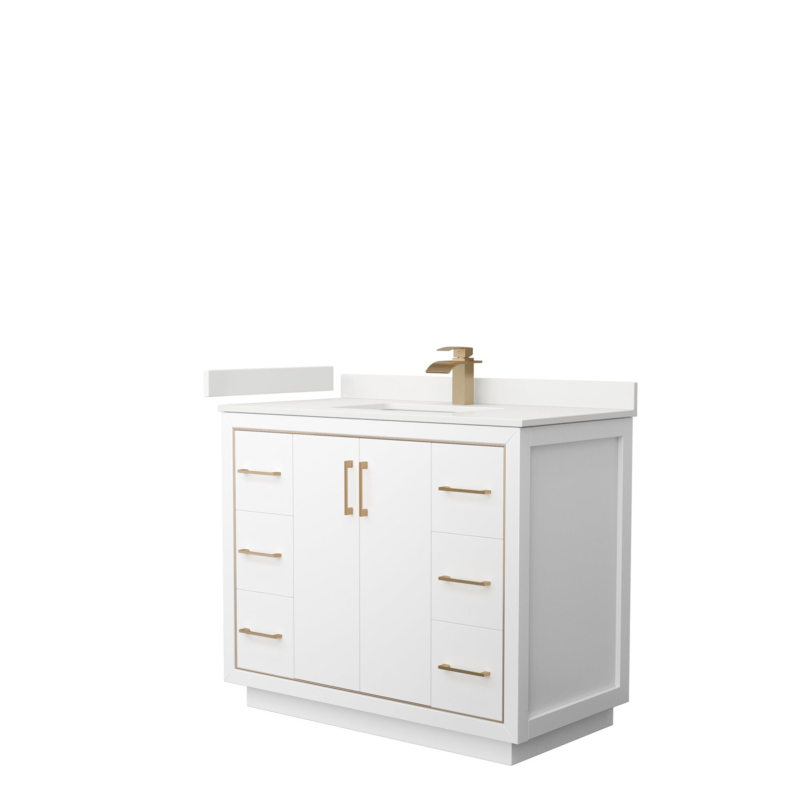 42-inch modern wooden bathroom vanity in stone finish with white stone countertop and integrated sink, gold-tone single-handle faucet and matching gold drawer pulls, freestanding storage cabinet.