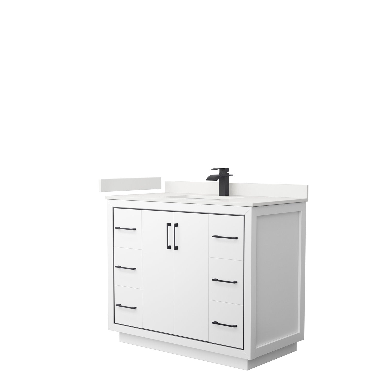 42-inch freestanding modern single-sink bathroom vanity in solid wood with a stone top, white stone finish, matte black faucet and matching black handles, center double-door cabinet flanked by three drawers per side.