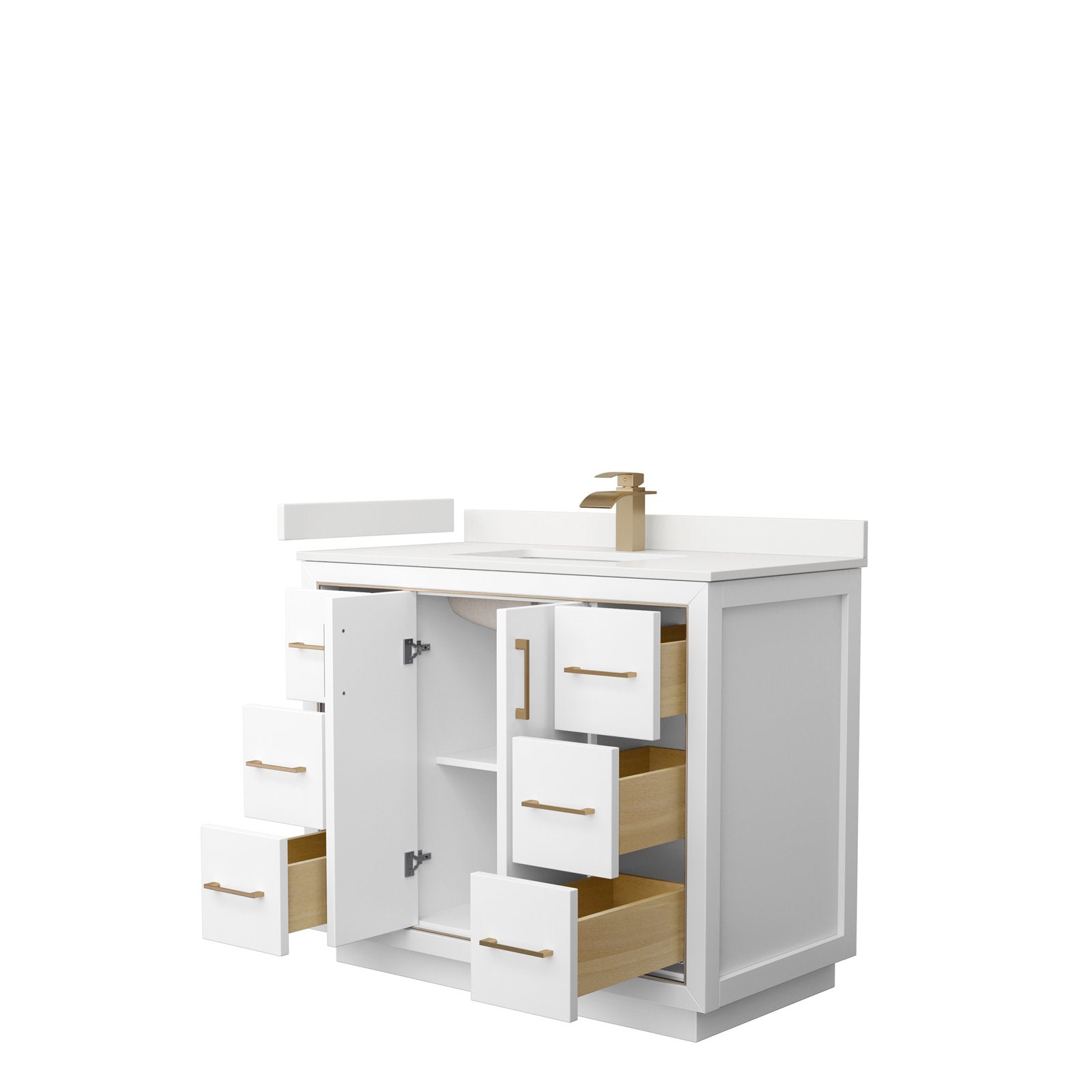 42-inch modern solid wood freestanding bathroom vanity in stone finish with a stone countertop and integrated white sink, brushed gold faucet and matching pulls, six drawers and a center cabinet open to show natural wood storage.
