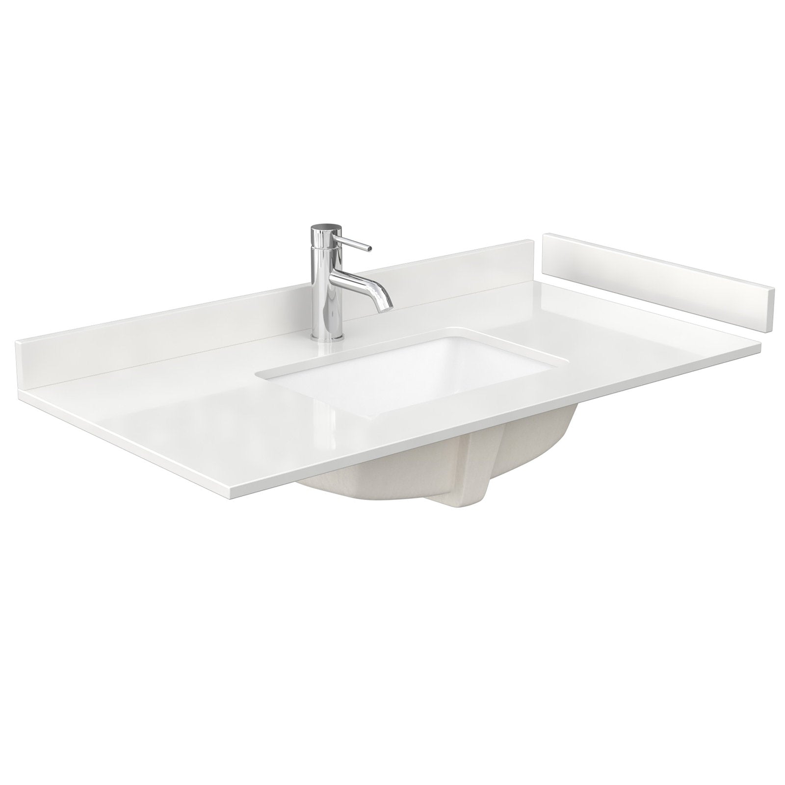 White stone vanity top with integrated rectangular ceramic undermount sink and single chrome faucet, featuring short backsplash strips in a modern contemporary style.