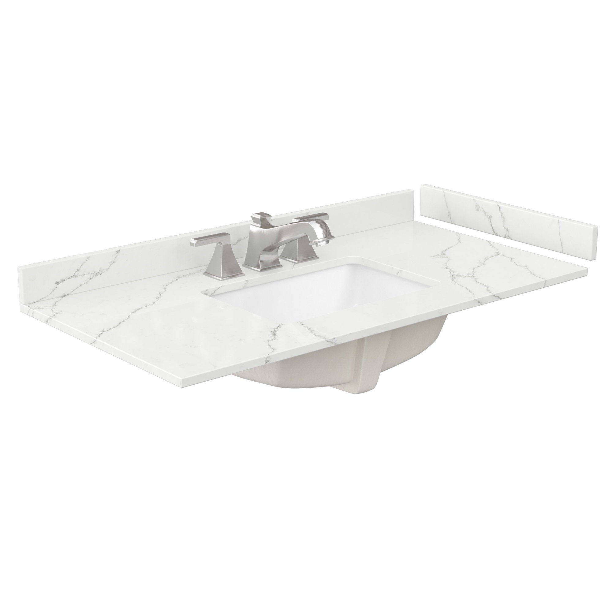 42-inch white stone vanity top with gray marble veining, integrated rectangular ceramic undermount sink, brushed-nickel two-handle widespread faucet and short matching backsplash