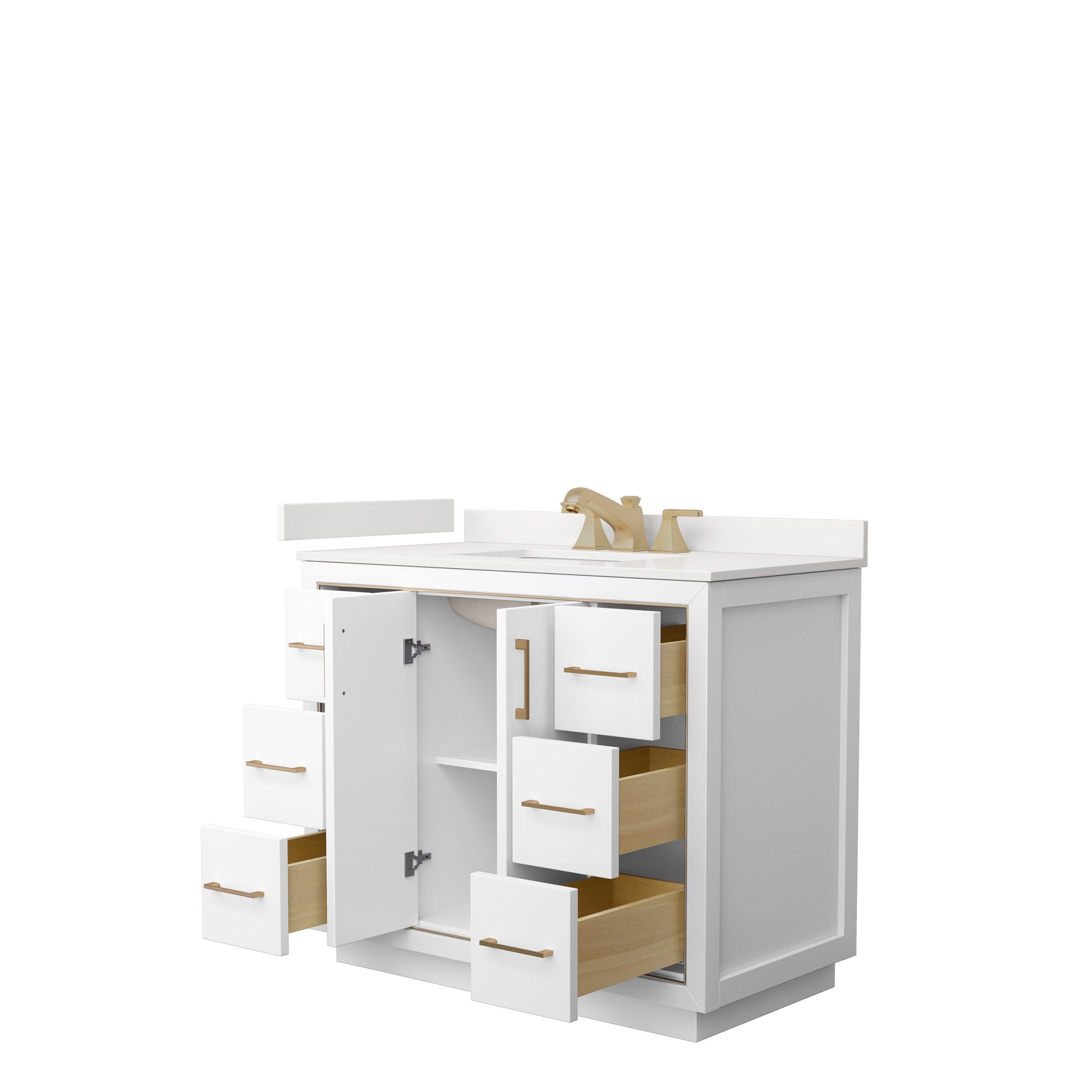 White 42-inch freestanding single-sink bathroom vanity with stone countertop and backsplash, integrated sink, open drawers showing light wood interiors, and brushed brass faucet with matching bar pulls.