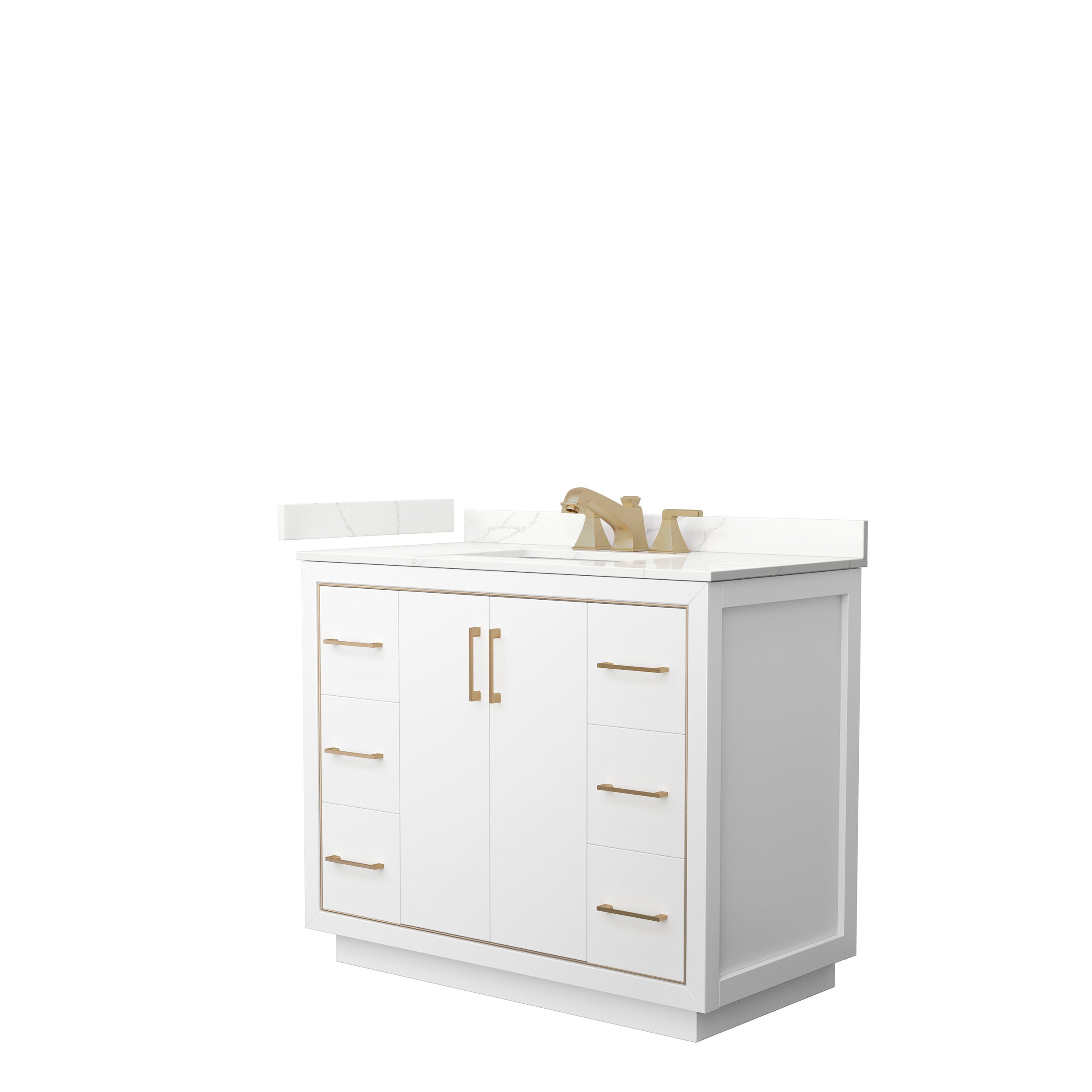 42-inch freestanding white solid-wood bathroom vanity with a white stone countertop and integrated sink, brushed gold faucet and matching drawer pulls, two center doors and three drawers on each side in a modern style.