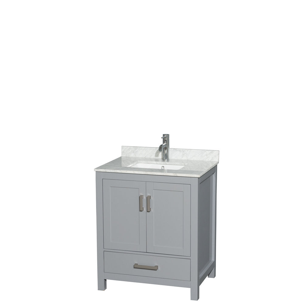 Freestanding modern 30-inch stone gray solid wood vanity with white marble stone top, rectangular undermount ceramic sink, single chrome faucet, two doors and a bottom drawer with metal pulls.
