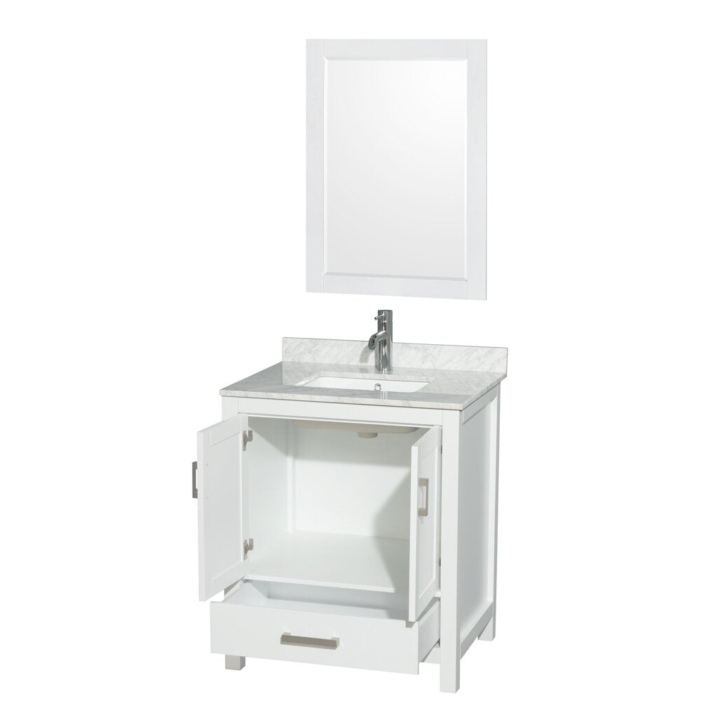 Modern white solid-wood 30-inch single-sink bathroom vanity with stone countertop and undermount ceramic sink, chrome faucet and matching framed mirror; open cabinet doors reveal interior storage and a lower pull-out drawer.